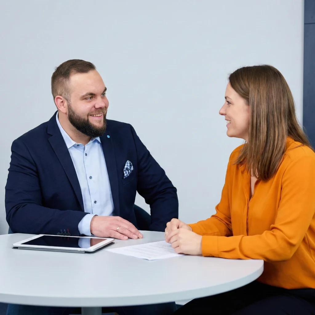Florian Zintl von IT-Talentz im positiven und offenen Gespräch mit einer Unternehmerin am Schreibtisch.