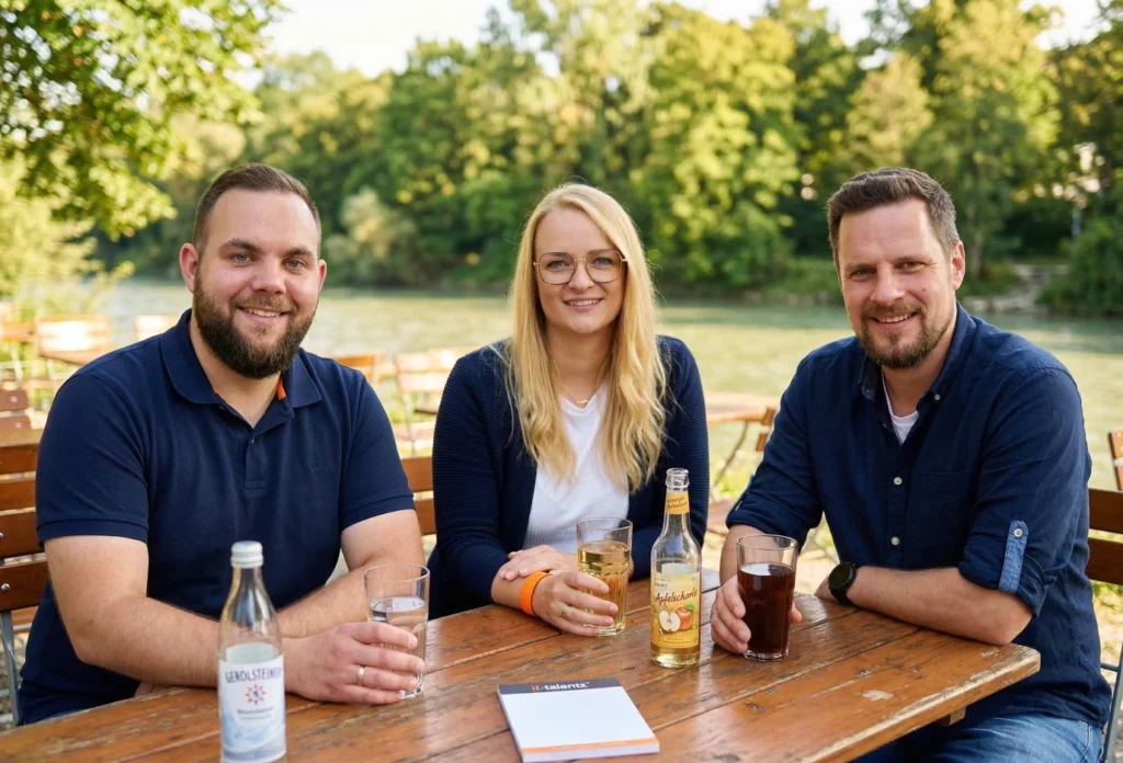 Team-Event an der Isar: Florian Zintl, Saskia Zintl und Felix Weiglvon IT-Talentz beim gemeinsamen Austausch in entspannter Biergarten-Atmosphäre.