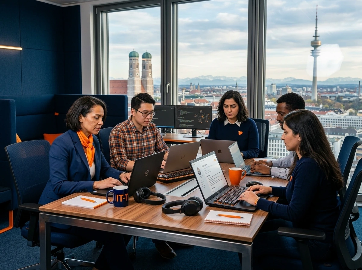 IT-Recruiting-Team analysiert Kandidatenprofile und Entwickler-Pipelines in einem modernen Büro in München.
