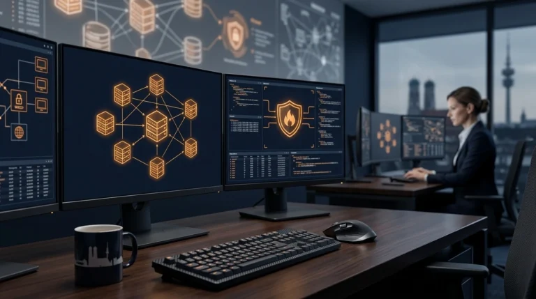IT-Spezialistin analysiert Cyber-Security-Netzwerk im modernen Büro in München